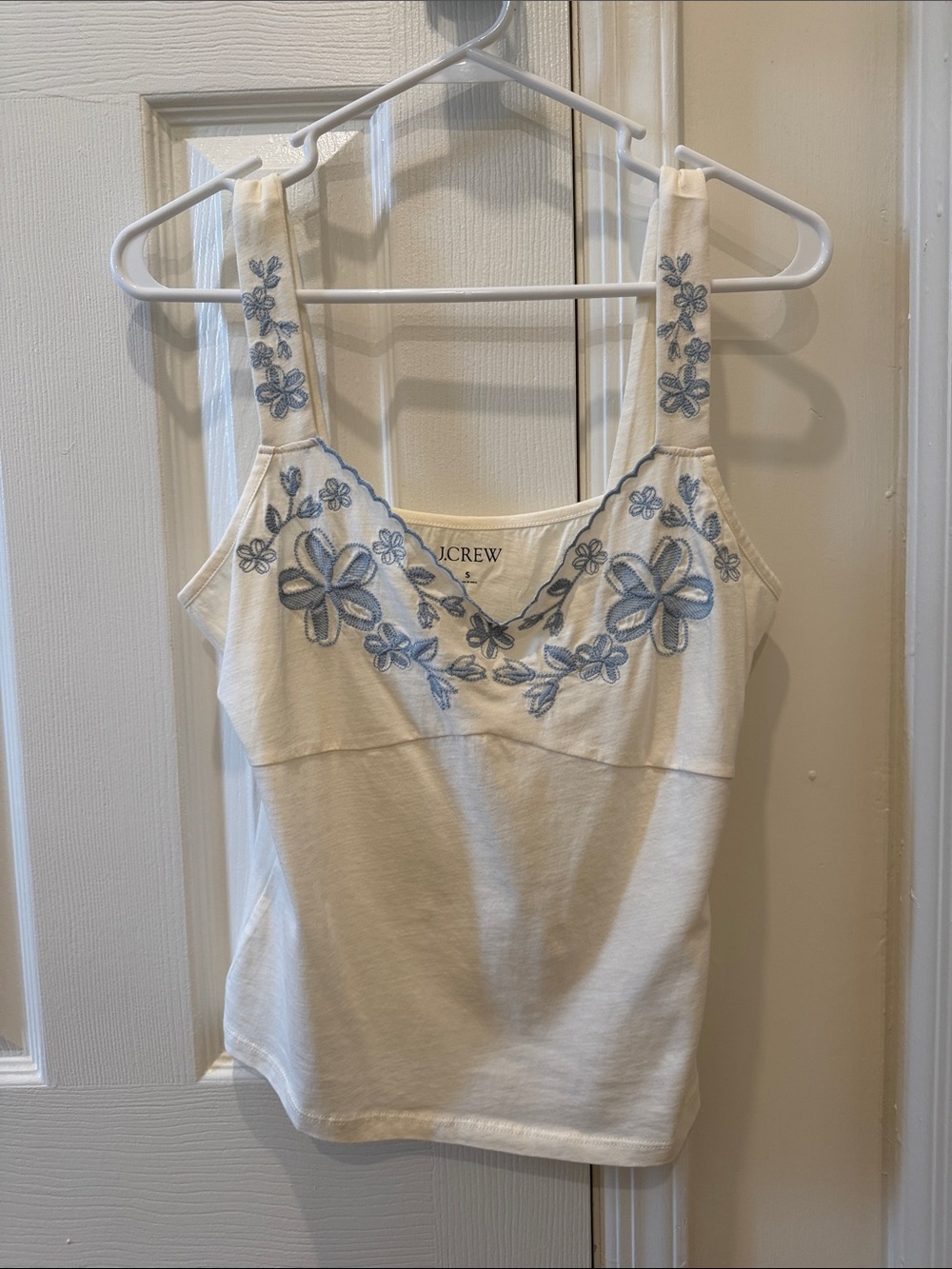 J. Crew Cream Tank with Blue Floral Embroidery